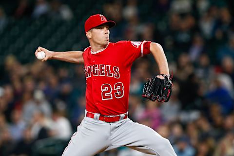 `May 4, 2017; Seattle, WA, USA; Los Angeles Angels starting pitcher Alex Meyer (23) throws against the Seattle Mariners during the second inning at Safeco Field. Mandatory Credit: Joe Nicholson-USA TODAY Sports