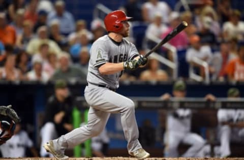 May 27, 2017; Miami, FL, USA; Los Angeles Angels second baseman Nolan Fontana (49) at bat against the Miami Marlins at Marlins Park. Mandatory Credit: Steve Mitchell-USA TODAY Sports