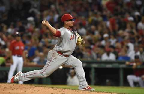 Jun 23, 2017; Boston, MA, USA; Los Angeles Angels relief pitcher Eduardo Paredes (60) pitches during the sixth inning against the Boston Red Sox. Mandatory Credit: Bob DeChiara-USA TODAY Sports