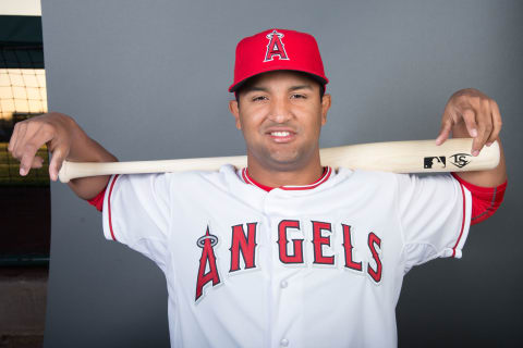 February 26, 2016; Tempe, AZ, USA; Los Angeles Angels shortstop Roberto Baldoquin (74) poses for a picture during photo day at Tempe Diablo Stadium. Mandatory Credit: Kyle Terada-USA TODAY Sports