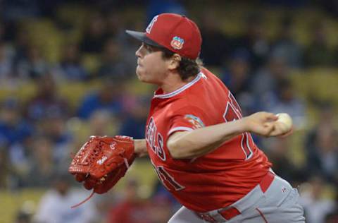 Mar 31, 2016; Los Angeles, CA, USA; Los Angeles Angels relief pitcher Greg Mahle (71) throws the ball in the ninth inning against the Los Angeles Dodgers at Dodger Stadium. Mandatory Credit: Jayne Kamin-Oncea-USA TODAY Sports