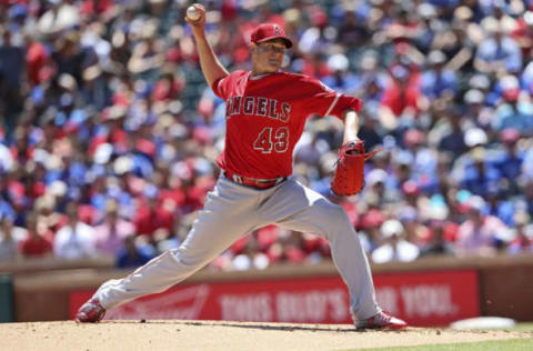 Los Angeles Angels starting pitcher Garrett Richards (43) throws during the game against the Texas Rangers. Mandatory Credit: Kevin Jairaj-USA TODAY Sports