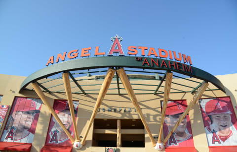 Jul 28, 2016; Anaheim, CA, USA; A general view of the Angel Stadium of Anaheim entrance prior to the game between the Boston Red Sox and the Los Angeles Angels. Mandatory Credit: Kirby Lee-USA TODAY Sports