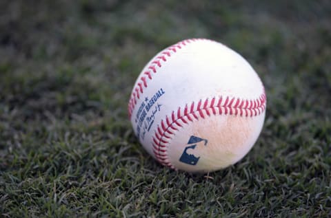 Sep 14, 2016; Anaheim, CA, USA; General view of a Rawlings MLB baseball during a MLB game between the Los Angeles Angels of Anaheim and the Seattle Mariners at Angel Stadium of Anaheim. Mandatory Credit: Kirby Lee-USA TODAY Sports