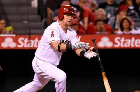 Los Angeles Angels right fielder Kole Calhoun (56) singles in the eighth inning of the game against the Oakland Athletics Mandatory Credit: Jayne Kamin-Oncea-USA TODAY Sports