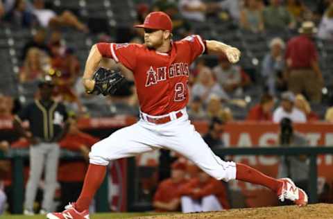 Sep 27, 2016; Anaheim, CA, USA; Los Angeles Angels relief pitcher Cody Ege (20) throws a pitch against the Oakland Athletics during the game at Angel Stadium of Anaheim. Mandatory Credit: Richard Mackson-USA TODAY Sports