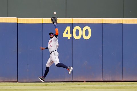 Oct 2, 2016; Atlanta, GA, USA; Detroit Tigers center fielder Cameron Maybin (4) catches a fly ball against the Atlanta Braves in the fourth inning at Turner Field. Mandatory Credit: Brett Davis-USA TODAY Sports