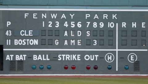 Oct 10, 2016; Boston, MA, USA; A general view of the scoreboard in left field before game three of the 2016 ALDS playoff baseball series between the Boston Red Sox and Cleveland Indians at Fenway Park. Mandatory Credit: Greg M. Cooper-USA TODAY Sports