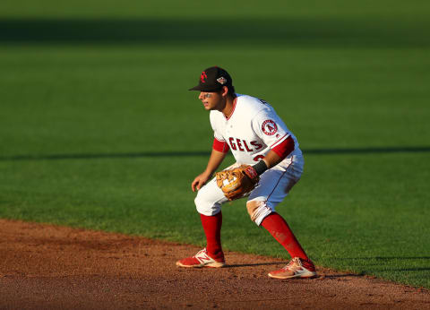 Nov 8, 2016; Scottsdale, AZ, USA; Scottsdale Scorpions infielder David Fletcher of the Los Angeles Angels against the Glendale Desert Dogs during an Arizona Fall League game at Scottsdale Stadium. Mandatory Credit: Mark J. Rebilas-USA TODAY Sports