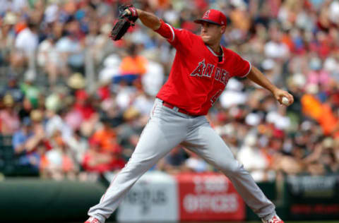 Mar 15, 2017; Scottsdale, AZ, USA; Los Angeles Angels starting pitcher Tyler Skaggs (45) throws in the first inning against the San Francisco Giants during a spring training game at Scottsdale Stadium. Mandatory Credit: Rick Scuteri-USA TODAY Sports