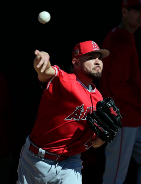 Feb 15, 2017; Tempe, AZ, USA; Los Angeles Angels starting pitcher Ricky Nolasco (47) throws in the bullpen during spring training camp at Tempe Diablo Stadium. Mandatory Credit: Rick Scuteri-USA TODAY Sports