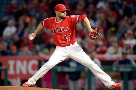 April 8, 2017; Anaheim, CA, USA; Los Angeles Angels starting pitcher Ricky Nolasco (47) throws in the first inning against the Seattle Mariners at Angel Stadium of Anaheim. Mandatory Credit: Gary A. Vasquez-USA TODAY Sports