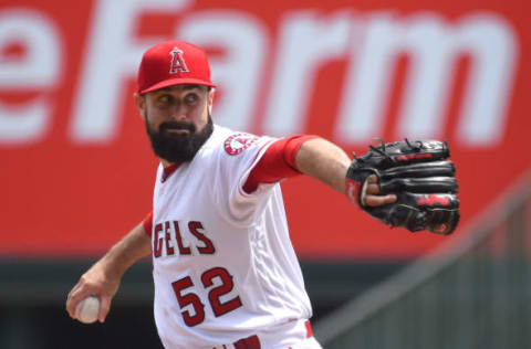 Apr 9, 2017; Anaheim, CA, USA; Los Angeles Angels starting pitcher Matt Shoemaker (52) in the first inning of the game against the Seattle Mariners at Angel Stadium of Anaheim. Mandatory Credit: Jayne Kamin-Oncea-USA TODAY Sports