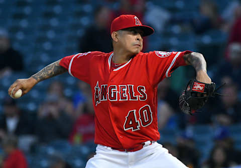 Jesse Chavez in the first inning of the game against the Texas Rangers. Mandatory Credit: Jayne Kamin-Oncea-USA TODAY Sports