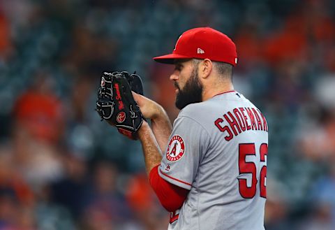 Los Angeles Angels pitcher Matt Shoemaker prepares to throw a pitch against the Houston Astros. Mandatory Credit: Mark J. Rebilas-USA TODAY Sports