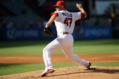 Ricky Nolasco throws in the third inning against the Oakland Athletics. Mandatory Credit: Gary A. Vasquez-USA TODAY Sports