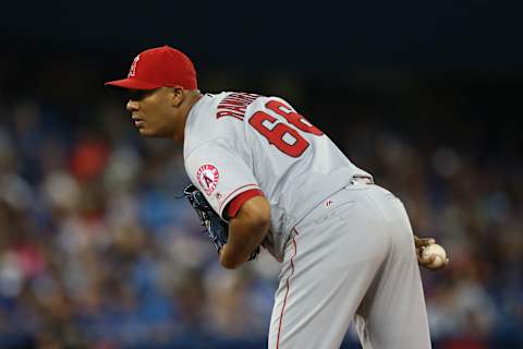 Los Angeles Angels relief pitcher JC Ramirez sets to pitch against the Toronto Blue Jays. Mandatory Credit: Kevin Sousa-USA TODAY Sports