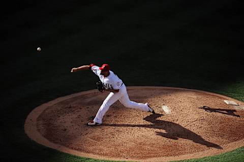 August 31, 2016; Anaheim, CA, USA; Los Angeles Angels starting pitcher Ricky Nolasco (47) throws during the third inning against the Cincinnati Reds at Angel Stadium of Anaheim. Mandatory Credit: Gary A. Vasquez-USA TODAY Sports