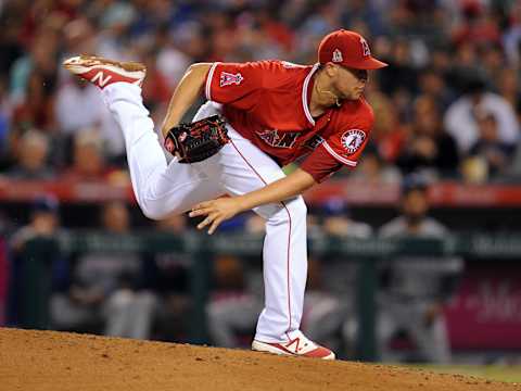 September 9, 2016; Anaheim, CA, USA; Los Angeles Angels starting pitcher Tyler Skaggs (45) throws in the sixth inning against Texas Rangers at Angel Stadium of Anaheim. Mandatory Credit: Gary A. Vasquez-USA TODAY Sports