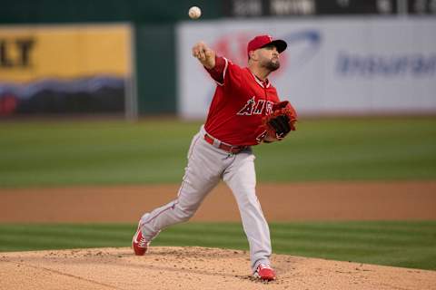 Los Angeles Angels starting pitcher Ricky Nolasco delivers a pitch against the Oakland Athletics. Mandatory Credit: Neville E. Guard-USA TODAY Sports