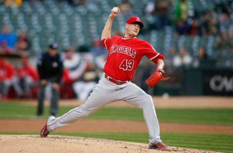 Apr 5, 2017; Oakland, CA, USA; Los Angeles Angels starting pitcher Garrett Richards (43) pitches against the Oakland Athletics in the first inning at Oakland Coliseum. Mandatory Credit: Stan Szeto-USA TODAY Sports