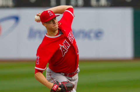 Apr 6, 2017; Oakland, CA, USA; Los Angeles Angels starting pitcher Tyler Skaggs(45) throws a pitch to the Oakland Athletics in the fourth inning at Oakland Coliseum. Mandatory Credit: Andrew Villa-USA TODAY Sports