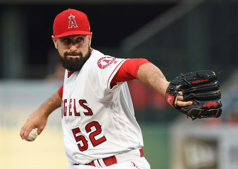 Los Angeles Angels starting pitcher Matt Shoemaker in the first inning of the game against the Oakland Athletics. Mandatory Credit: Jayne Kamin-Oncea-USA TODAY Sports