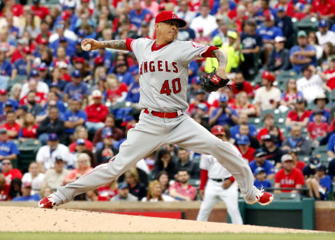 Los Angeles Angels starting pitcher Jesse Chavez pitches against the Texas Rangers. Mandatory Credit: Ray Carlin-USA TODAY Sports