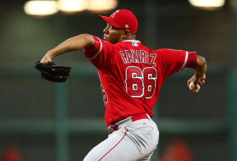 Los Angeles Angels starting pitcher JC Ramirez pitches during a game against the Houston Astros. Mandatory Credit: Troy Taormina-USA TODAY Sports