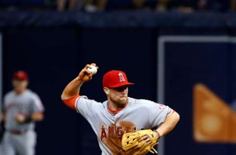 May 22, 2017; St. Petersburg, FL, USA; Los Angeles Angels second baseman Nolan Fontana (49) throws the ball to first base for an out during the second inning against the Tampa Bay Rays at Tropicana Field. Mandatory Credit: Kim Klement-USA TODAY Sports