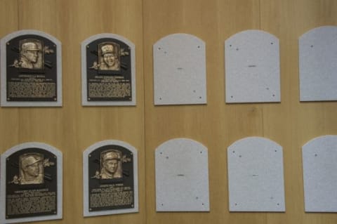 Jul 25, 2015; Cooperstown, NY, USA; Empty plaque spots await prior to Sunday