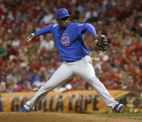 Jul 20, 2015; Cincinnati, OH, USA: Chicago Cubs relief pitcher Rafael Soriano throws against the Cincinnati Reds in the eighth inning at Great American Ball Park. The Reds won 5-4. Mandatory Credit: David Kohl-USA TODAY Sports