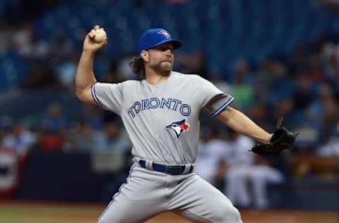 Apr 4, 2016; St. Petersburg, FL, USA; Toronto Blue Jays starting pitcher R.A. Dickey (43) throws a pitch during the second inning against the Tampa Bay Rays at Tropicana Field. Mandatory Credit: Kim Klement-USA TODAY Sports