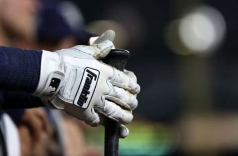 BALTIMORE, MD – JULY 27: A detailed view of Franklin batting gloves as the Tampa Bay Rays play the Baltimore Orioles at Oriole Park at Camden Yards on July 27, 2018 in Baltimore, Maryland. (Photo by Patrick Smith/Getty Images)