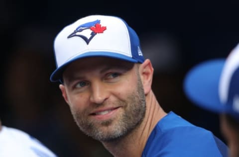 TORONTO, ON – JULY 20: J.A. Happ #33 of the Toronto Blue Jays smiles as he is recognized for being selected to the All-Star Game during MLB game action against the Baltimore Orioles at Rogers Centre on July 20, 2018 in Toronto, Canada. (Photo by Tom Szczerbowski/Getty Images)