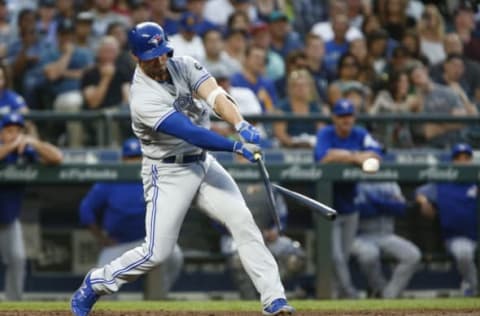 SEATTLE, WA – AUGUST 04: Randal Grichuk #15 of the Toronto Blue Jays breaks his bat on a single in the fifth inning against the Seattle Mariners at Safeco Field on August 4, 2018 in Seattle, Washington. (Photo by Lindsey Wasson/Getty Images)