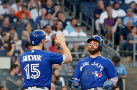 NEW YORK, NY – SEPTEMBER 15: Kevin Pillar #11 and Randal Grichuk #15 of the Toronto Blue Jays celebrate after they both scored during the seventh inning against the New York Yankees at Yankee Stadium on September 15, 2018 in the Bronx borough of New York City. (Photo by Jim McIsaac/Getty Images)