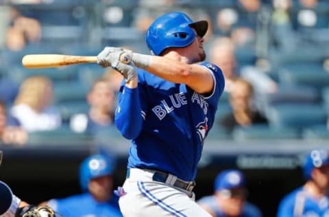 NEW YORK, NY – SEPTEMBER 16: Reese McGuire #70 of the Toronto Blue Jays hits a RBI double in the third inning against the New York Yankees at Yankee Stadium on September 16, 2018 in the Bronx borough of New York City. (Photo by Mike Stobe/Getty Images)