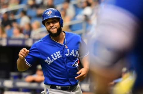 ST PETERSBURG, FL – SEPTEMBER 30: Richard Urena #7 of the Toronto Blue Jays celebrates after scoring in the fifth inning against the Tampa Bay Rays on September 30, 2018 at Tropicana Field in St Petersburg, Florida. (Photo by Julio Aguilar/Getty Images)