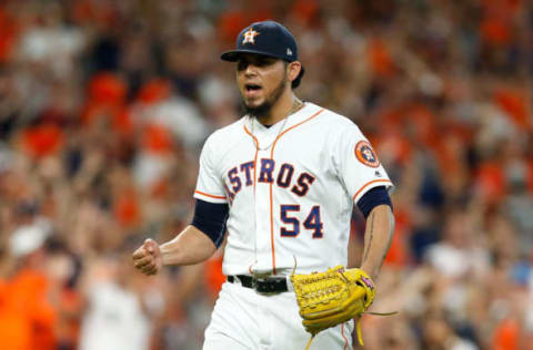 HOUSTON, TX – OCTOBER 06: Roberto Osuna #54 of the Houston Astros reacts after a strikeout in the eighth inning against the Cleveland Indians during Game Two of the American League Division Series at Minute Maid Park on October 6, 2018 in Houston, Texas. (Photo by Bob Levey/Getty Images)