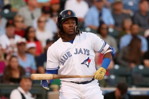 SURPRISE, AZ – NOVEMBER 03: AFL West All-Star, Vladimir Guerrero Jr #27 of the Toronto Blue Jays reacts as he bats during the Arizona Fall League All Star Game at Surprise Stadium on November 3, 2018 in Surprise, Arizona. (Photo by Christian Petersen/Getty Images)