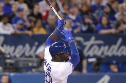 TORONTO, ON – APRIL 02: Anthony Alford #30 of the Toronto Blue Jays flies out in the seventh inning during MLB game action against the Baltimore Orioles at Rogers Centre on April 2, 2019 in Toronto, Canada. (Photo by Tom Szczerbowski/Getty Images)