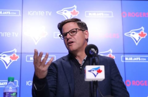 TORONTO, ON – APRIL 26: General manager Ross Atkins of the Toronto Blue Jays speaks to the media before introducing Vladimir Guerrero Jr. #27 before his MLB debut later tonight against the Oakland Athletics at Rogers Centre on April 26, 2019 in Toronto, Canada. (Photo by Tom Szczerbowski/Getty Images)