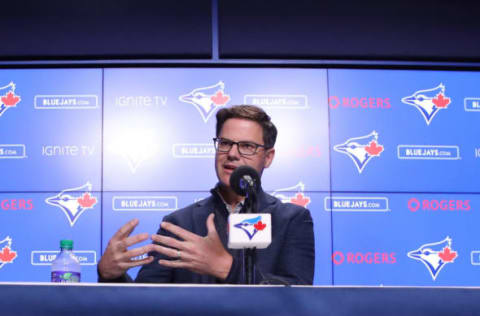 TORONTO, ON – APRIL 26: General manager Ross Atkins of the Toronto Blue Jays speaks to the media before introducing Vladimir Guerrero Jr. #27 before his MLB debut later tonight against the Oakland Athletics at Rogers Centre on April 26, 2019 in Toronto, Canada. (Photo by Tom Szczerbowski/Getty Images)