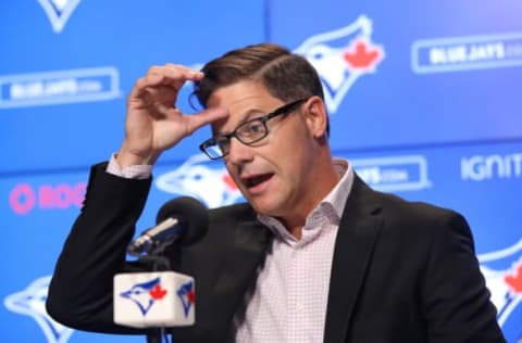 TORONTO, ON – APRIL 02: General manager Ross Atkins of the Toronto Blue Jays addresses the media after completing a trade earlier in the day that sent Kevin Pillar #11 to the San Francisco Giants during MLB game action against the Baltimore Orioles at Rogers Centre on April 2, 2019 in Toronto, Canada. (Photo by Tom Szczerbowski/Getty Images)