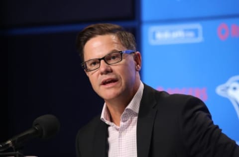 TORONTO, ON – APRIL 02: General manager Ross Atkins of the Toronto Blue Jays addresses the media after completing a trade earlier in the day that sent Kevin Pillar #11 to the San Francisco Giants during MLB game action against the Baltimore Orioles at Rogers Centre on April 2, 2019 in Toronto, Canada. (Photo by Tom Szczerbowski/Getty Images)