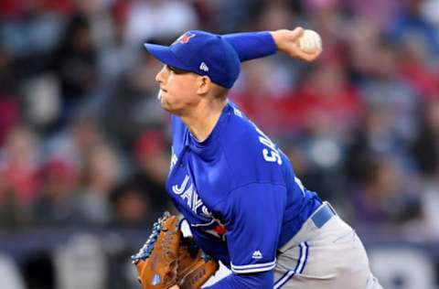 ANAHEIM, CALIFORNIA – MAY 02: Aaron Sanchez #41 of the Toronto Blue Jays pitches during the first inning against the Los Angeles Angels at Angel Stadium of Anaheim on May 02, 2019 in Anaheim, California. (Photo by Harry How/Getty Images)