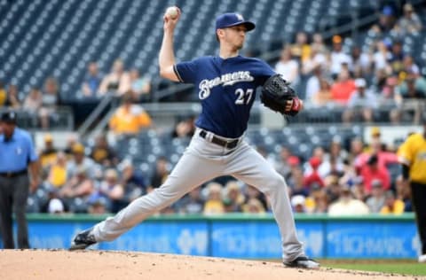 PITTSBURGH, PA – JUNE 02: Zach Davies #27 of the Milwaukee Brewers delivers a pitch in the first inning during the game against the Pittsburgh Pirates at PNC Park on June 2, 2019 in Pittsburgh, Pennsylvania. (Photo by Justin Berl/Getty Images)