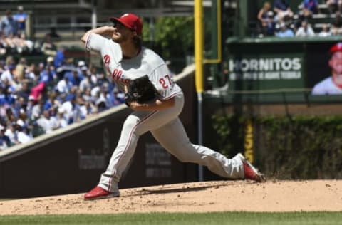 CHICAGO, ILLINOIS – MAY 23: Aaron Nola #27 of the Philadelphia Phillies pitches against the Chicago Cubs at Wrigley Field on May 23, 2019 in Chicago, Illinois. (Photo by David Banks/ Getty Images)