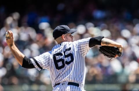 NEW YORK – JUNE 26: James Paxton #65 of the New York Yankees bats during the game against the Toronto Blue Jays at Yankee Stadium on June 26, 2019 in the Bronx borough of New York City. (Photo by Rob Tringali/SportsChrome/Getty Images)